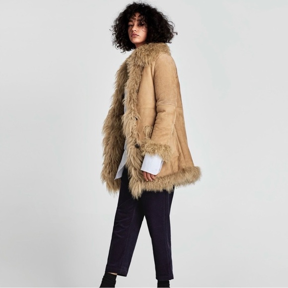Zara NTW Women's Tan Genuine suede/ Shearling fur Coat - Picture 5 of 12
